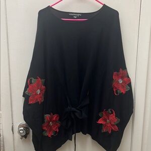 Michael Simon Workshop Black Poncho Style Top with Red Floral Embroidery